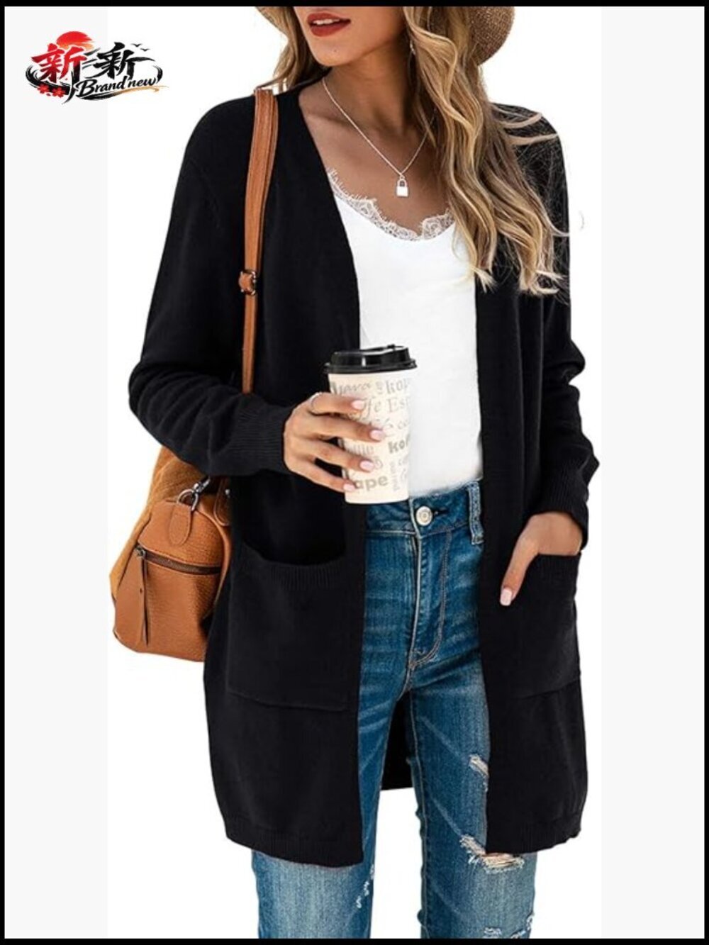 Open Front Knit Cardigan Long Sleeve Oversized Sweater with Pockets